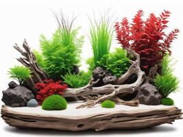 An immersive nature aquarium illustration with aquatic greenery, driftwood, and rocks, reflecting a harmonious aquascape photo