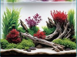 An immersive nature aquarium illustration with aquatic greenery, driftwood, and rocks, reflecting a harmonious aquascape photo