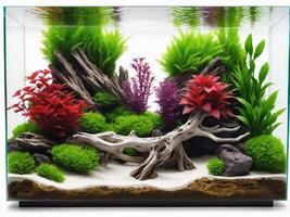 An immersive nature aquarium illustration with aquatic greenery, driftwood, and rocks, reflecting a harmonious aquascape photo