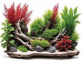 An immersive nature aquarium illustration with aquatic greenery, driftwood, and rocks, reflecting a harmonious aquascape photo