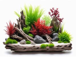 An immersive nature aquarium illustration with aquatic greenery, driftwood, and rocks, reflecting a harmonious aquascape photo