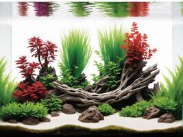 A calming aquarium illustration featuring underwater plants, driftwood, and rocks, creating a serene aquascape photo