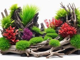 An immersive nature aquarium illustration with aquatic greenery, driftwood, and rocks, reflecting a harmonious aquascape photo