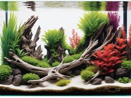 A calming aquarium illustration featuring underwater plants, driftwood, and rocks, creating a serene aquascape photo