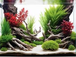 A calming aquarium illustration featuring underwater plants, driftwood, and rocks, creating a serene aquascape photo