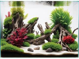 A calming aquarium illustration featuring underwater plants, driftwood, and rocks, creating a serene aquascape photo