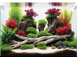 A calming aquarium illustration featuring underwater plants, driftwood, and rocks, creating a serene aquascape photo