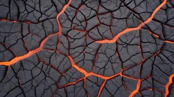 Hot lava through cracked ground background. Burnt black magma and soil texture. The surface of an active volcano. photo