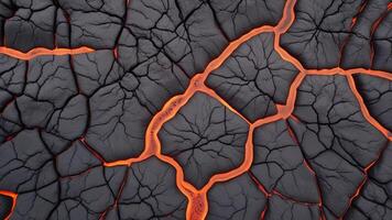Hot lava through cracked ground background. Burnt black magma and soil texture. The surface of an active volcano. photo