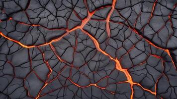 Hot lava through cracked ground background. Burnt black magma and soil texture. The surface of an active volcano. photo