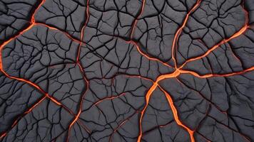 Hot lava through cracked ground background. Burnt black magma and soil texture. The surface of an active volcano. photo