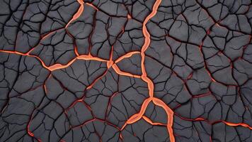 Hot lava through cracked ground. Burnt black magma and soil texture. background Surface of an active volcano. photo