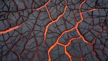 Hot lava through cracked ground. Burnt black magma and soil texture. background Surface of an active volcano. photo
