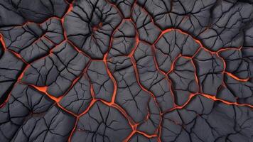 Hot lava through cracked ground. Burnt black magma and soil texture. background Surface of an active volcano. photo