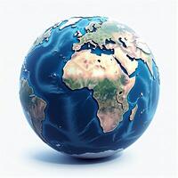 A polished 3D globe of Earth, showcasing its natural topography, set against a pure white background for a clean, modern look. photo