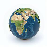 A polished 3D globe of Earth, showcasing its natural topography, set against a pure white background for a clean, modern look. photo