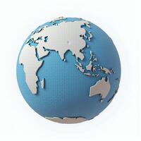 A polished 3D globe of Earth, showcasing its natural topography, set against a pure white background for a clean, modern look. photo