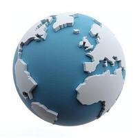 A sleek and minimalistic 3D representation of Earth, with visible continents and seas, floating in front of a solid white background. photo