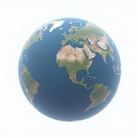 A polished 3D globe of Earth, showcasing its natural topography, set against a pure white background for a clean, modern look. photo