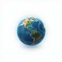 A sleek and minimalistic 3D representation of Earth, with visible continents and seas, floating in front of a solid white background. photo