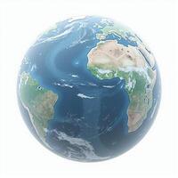 A sleek and minimalistic 3D representation of Earth, with visible continents and seas, floating in front of a solid white background. photo