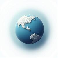 A sleek and minimalistic 3D representation of Earth, with visible continents and seas, floating in front of a solid white background. photo