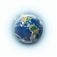 A sleek and minimalistic 3D representation of Earth, with visible continents and seas, floating in front of a solid white background. photo