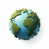 A polished 3D globe of Earth, showcasing its natural topography, set against a pure white background. photo