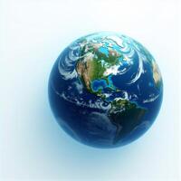 A detailed 3D rendering of a globe of the Earth, floating against a plain white background, showcasing continents and oceans. photo