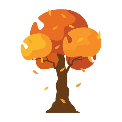 Brightly colored autumn trees in a cartoon design, featuring various shades of yellow and red alongside bushes.
