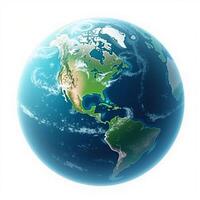 A vibrant 3D illustration of a globe, depicting Earth with clearly defined landmasses and oceans, placed on a white background. photo