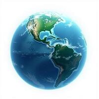 A detailed 3D rendering of a globe of the Earth, floating against a plain white background, showcasing continents and oceans. photo