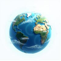 A detailed 3D rendering of a globe of the Earth, floating against a plain white background, showcasing continents and oceans. photo