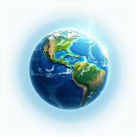 A vibrant 3D illustration of a globe, depicting Earth with clearly defined landmasses and oceans, placed on a white background. photo