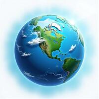 A detailed 3D rendering of a globe of the Earth, floating against a plain white background, showcasing continents and oceans. photo