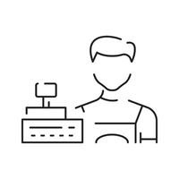 The grocery store cashier stands at the checkout with a linear icon vector