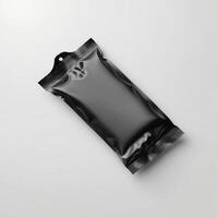 Blank black sachet package isolated on white. Small packaging sachet mockup. photo