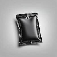 Blank black sachet package isolated on white. Small packaging sachet mockup. photo