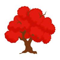 Creative autumn trees in cartoon form, filled with bright yellow and red leaves, along with bushes. vector