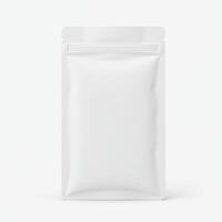 Blank white plastic sachet packaging mockup isolated on white background photo