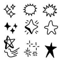 Set of hand drawn star and sparkle effect drawing illustrations in cartoon and doodle style. vector