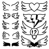 Bird and angel wings.Cartoon doodle bird wings in different styles. vector