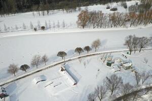 Top view of an empty sports field in a winter park. Infrastructure for winter sports photo