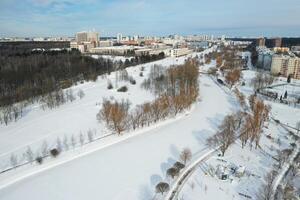 Top view of an empty sports field in a winter park. Infrastructure for winter sports photo