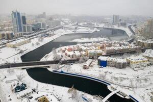 Snow-covered city center of Minsk from a height. The upper city. Belarus photo