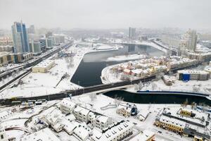 Snow-covered city center of Minsk from a height. The upper city. Belarus photo