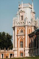 Grand Palace in Tsaritsyno in summer, Russia. Tsaritsyno Park is one of the main tourist attractions in Moscow. Beautiful scenic view of the old Tsaritsyn complex in summer photo