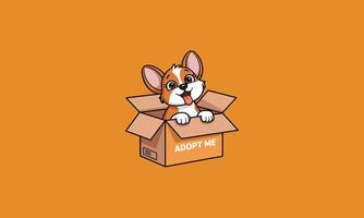 Adorable puppy in a box with Adopt Me text vector