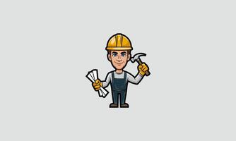 Smiling construction worker holding hammer and blueprints. vector