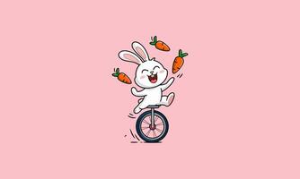 Happy bunny juggling carrots while riding a unicycle vector